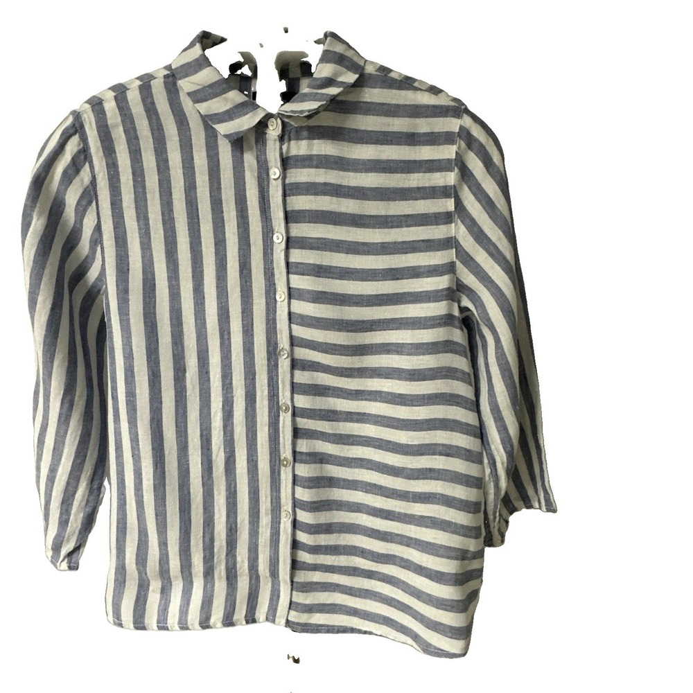 JNY Women's Shirt Sz Small 3/4 Sleeves Blue & White Stripped Pattern 100% Linen